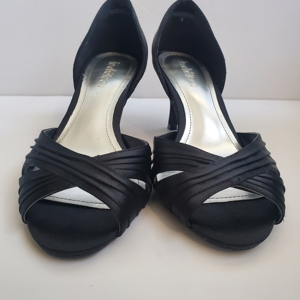 LE CHATEAU Y2K Black Sateen Kitty Heel Shoes Pleated Criss Cross Open Toe 7M